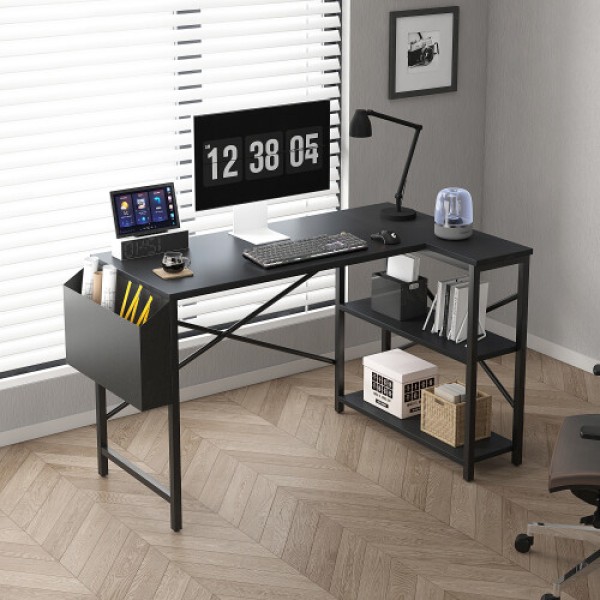 (100 cm, Black) L-Shaped Corner Desk, Flip Top, with Bookshelf